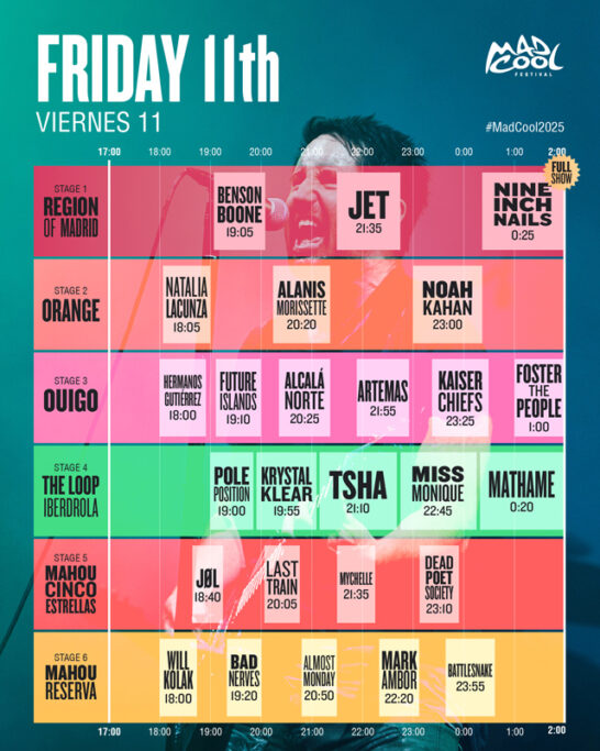 Timetable Mad Cool 2025 Friday